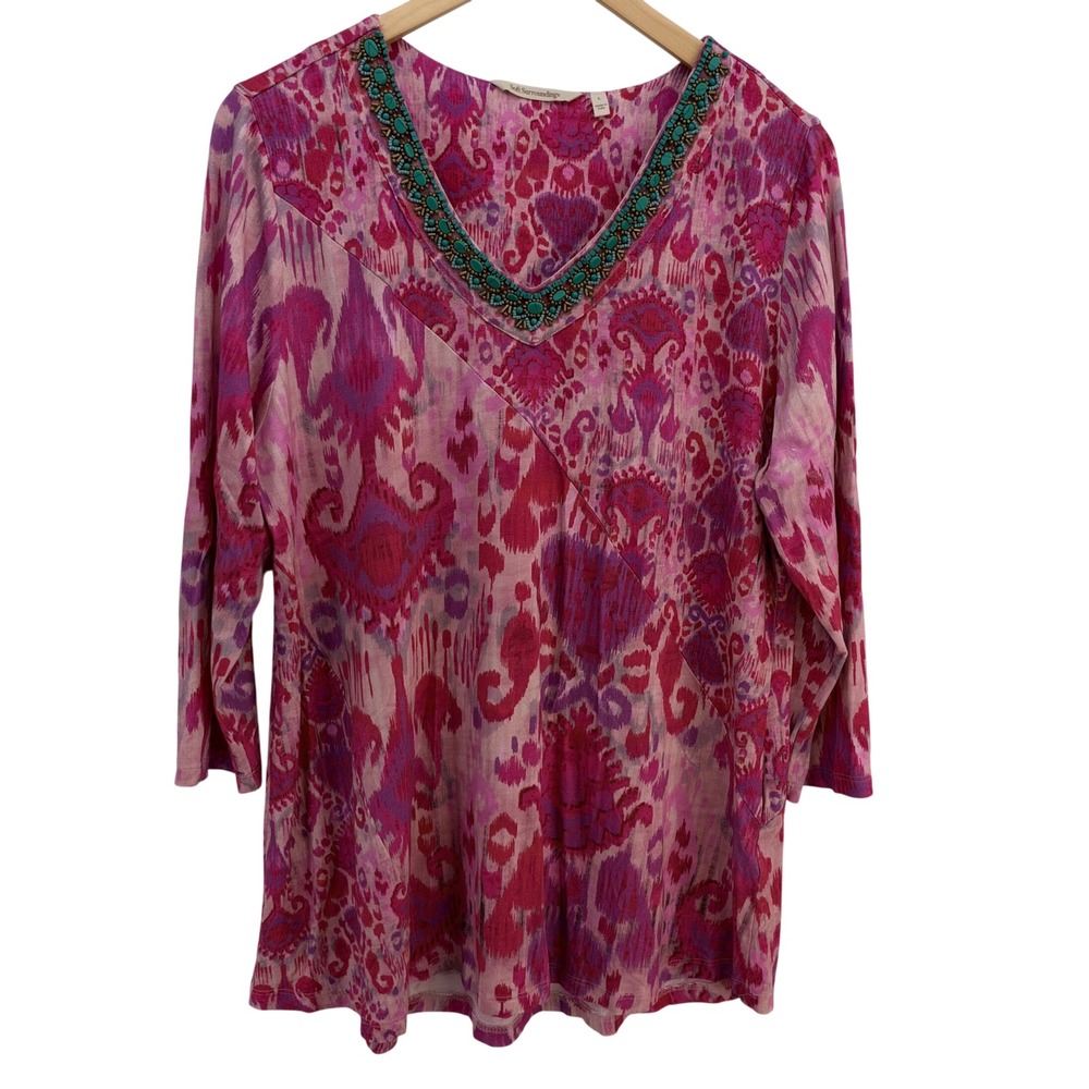 Soft Surrounding Lg Pink Ikat-Print Tunic Beaded V-Neck Boho Resort 3/4 sleeve